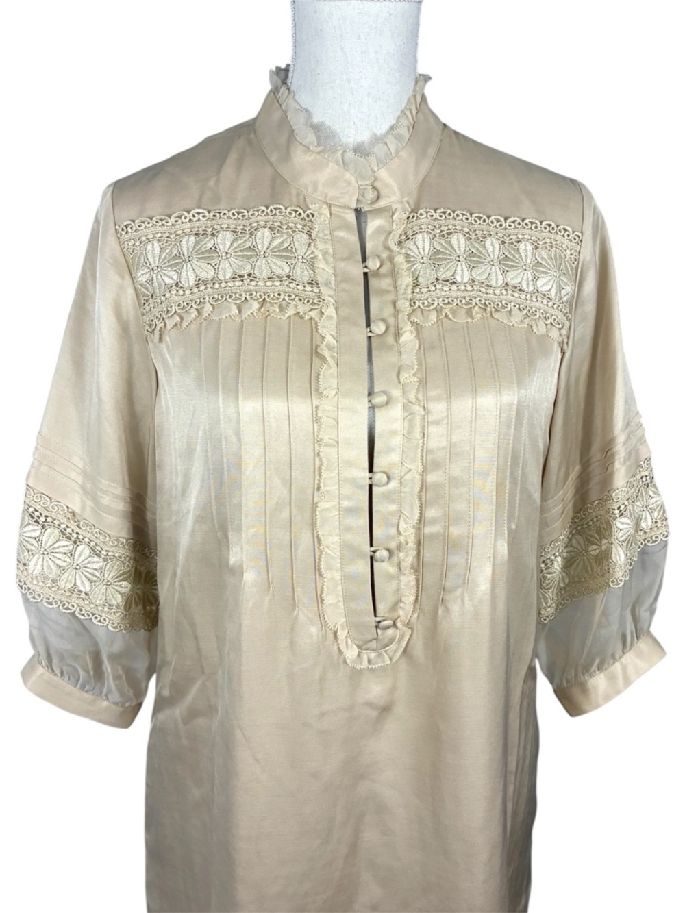 Victorian Embroidered Silk Dress NEW 10 Balloon Sleeve Lace High Neck Frilly